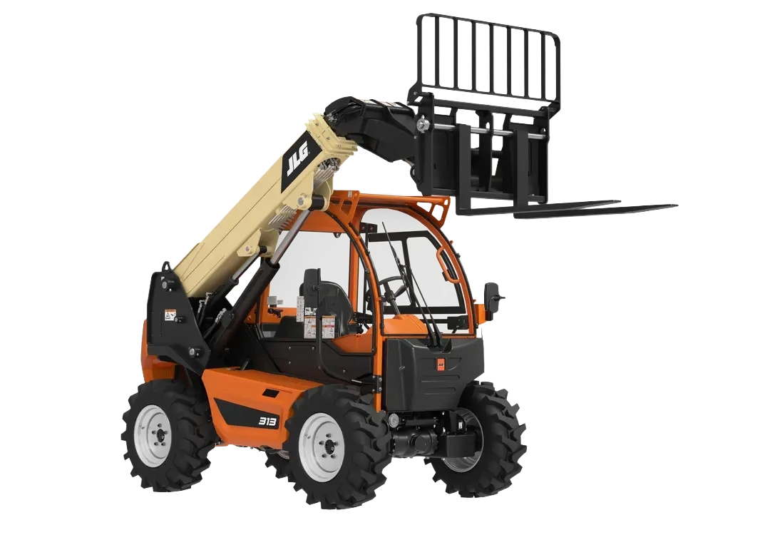 Orange JLG mini telescopic forklift with extendable arm and black safety cage at the end, positioned on a white background.