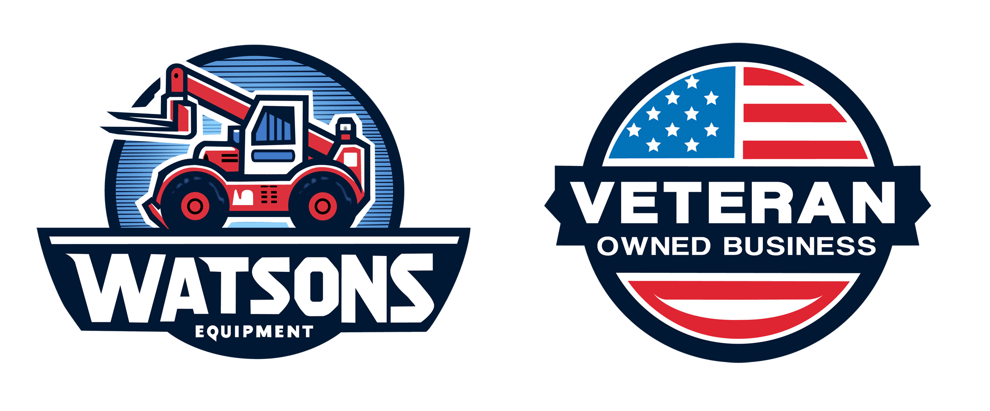 two side by side graphics, on the left is the watsons equipment logo of a telehandler above the stacked words watsons equipment and to right sites a red white and blue veteran owned business logo identify watsons equipment as veteran owned.