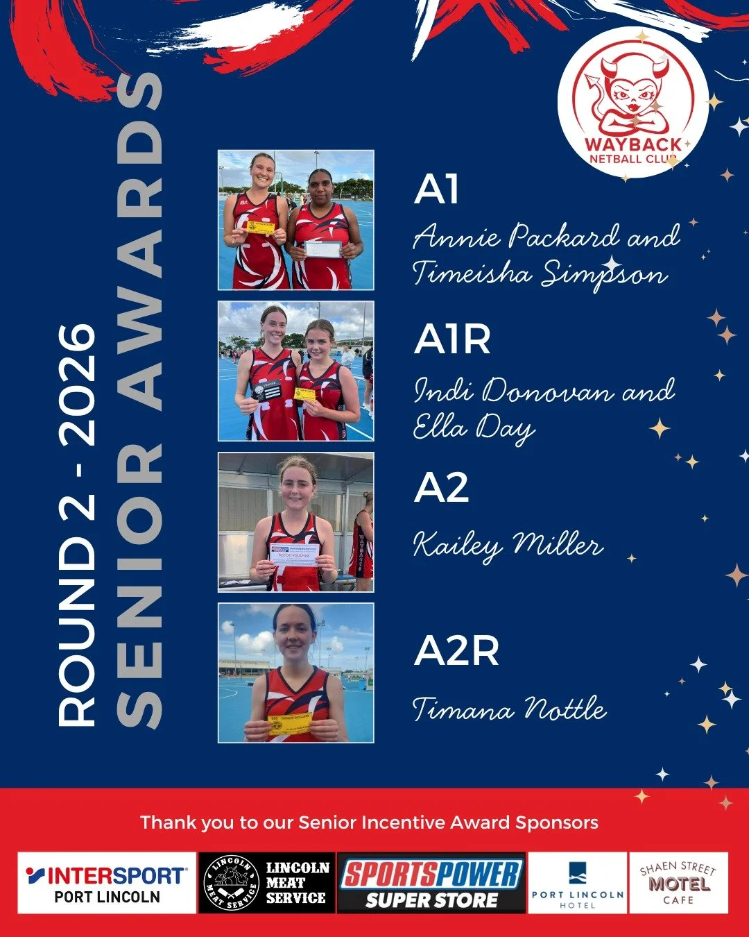 Congrats to the Round 2 incentive award winners!

Thanks to our 2026 award sponsors for supporting our teams every week!

@intersport_port_lincoln
@lincolnmeatservice
@sportspowerportlincoln
@portlincolnhotel
@double_corner_store
@epsurf
@glenforest_
