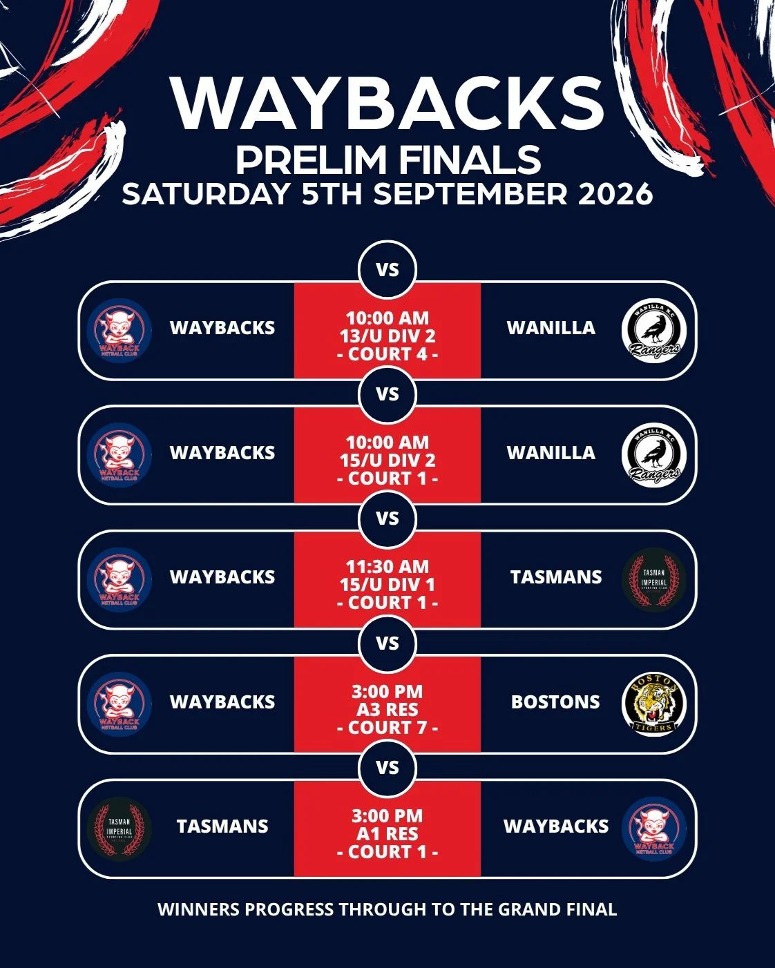 PRELIM FINALS 🔥

Five Waybacks teams take the court this Saturday, battling for a place in the Grand Final!

Bring the noise, wear your Waybacks colours and get behind our teams as they give it everything!

📅 Saturday 5 September
📍 Courts 1, 4 &am