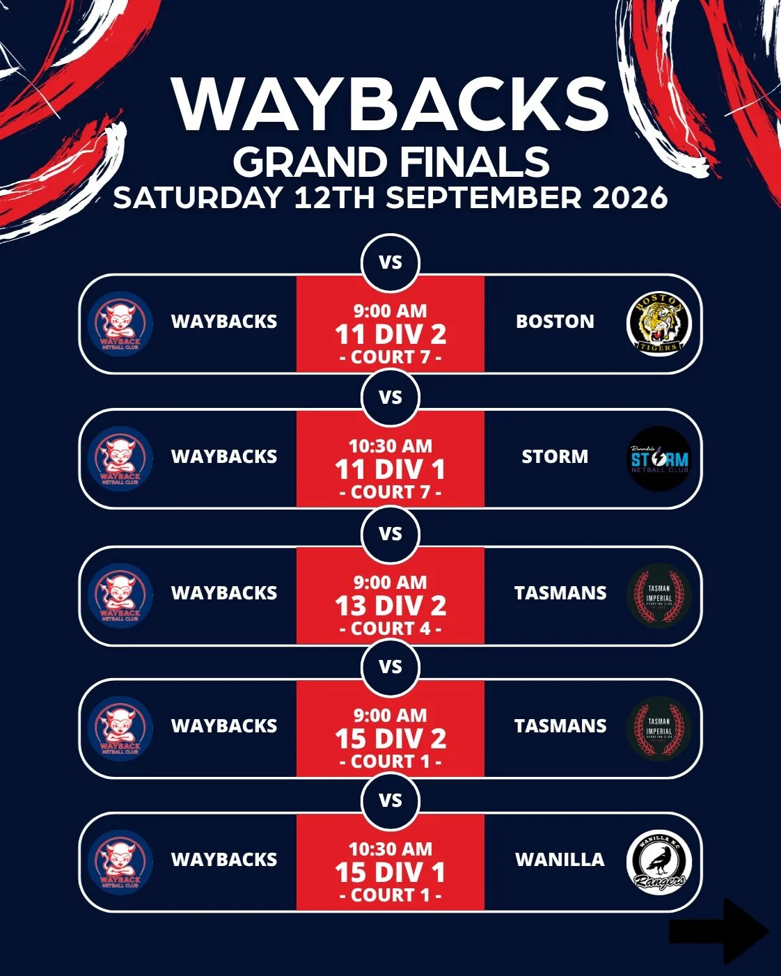🏆 GRAND FINAL DAY! 🏆

This Saturday, seven Waybacks teams take the court across our junior and senior Grand Finals! ❤️💙

After a huge season, it all comes down to this. We couldn&rsquo;t be prouder of every player, coach, team manager, umpire, vol