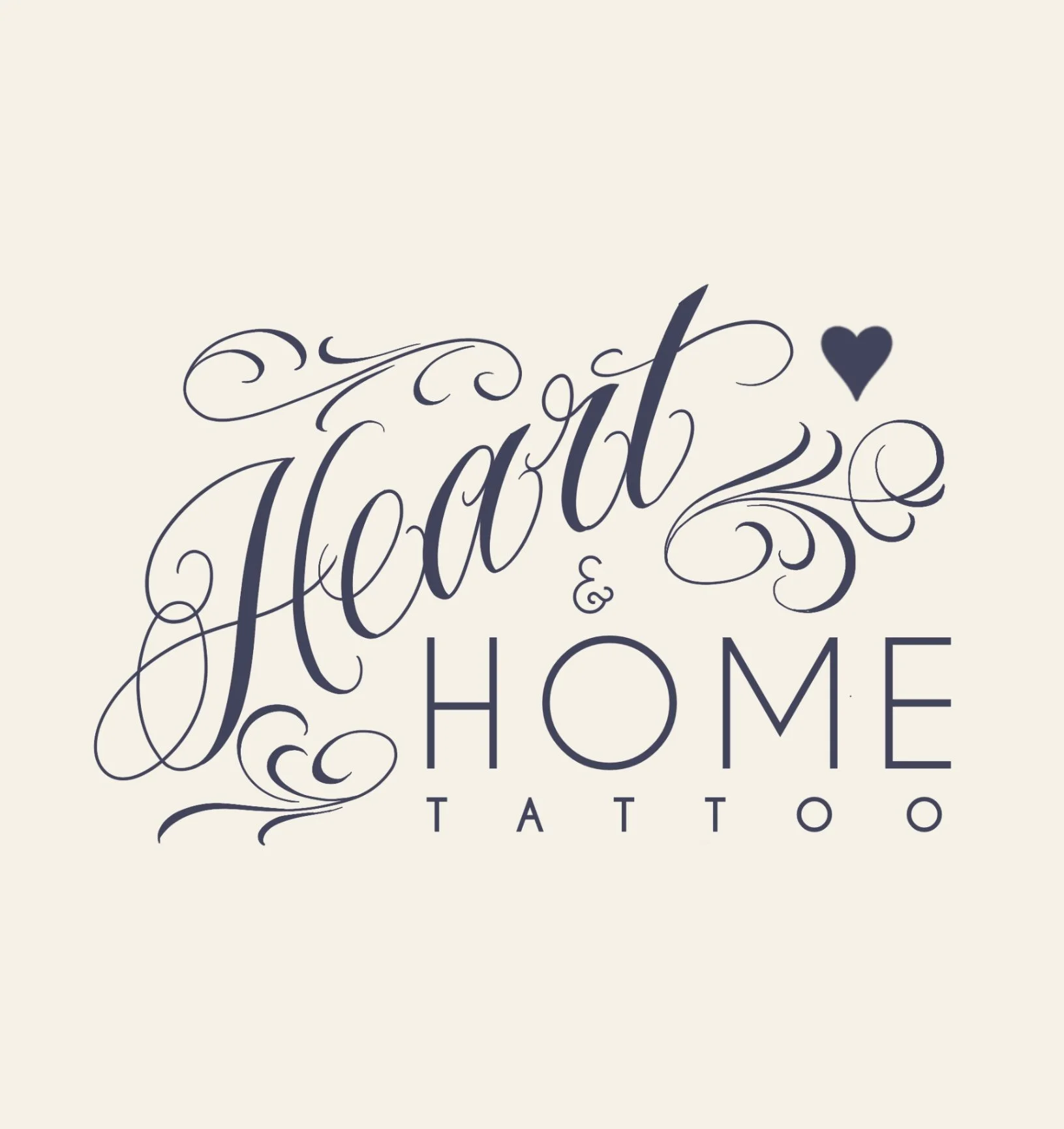 Logo for 'Hearth & Home Tattoo' with elegant script font, decorative swirls, and a small heart on a light background.
