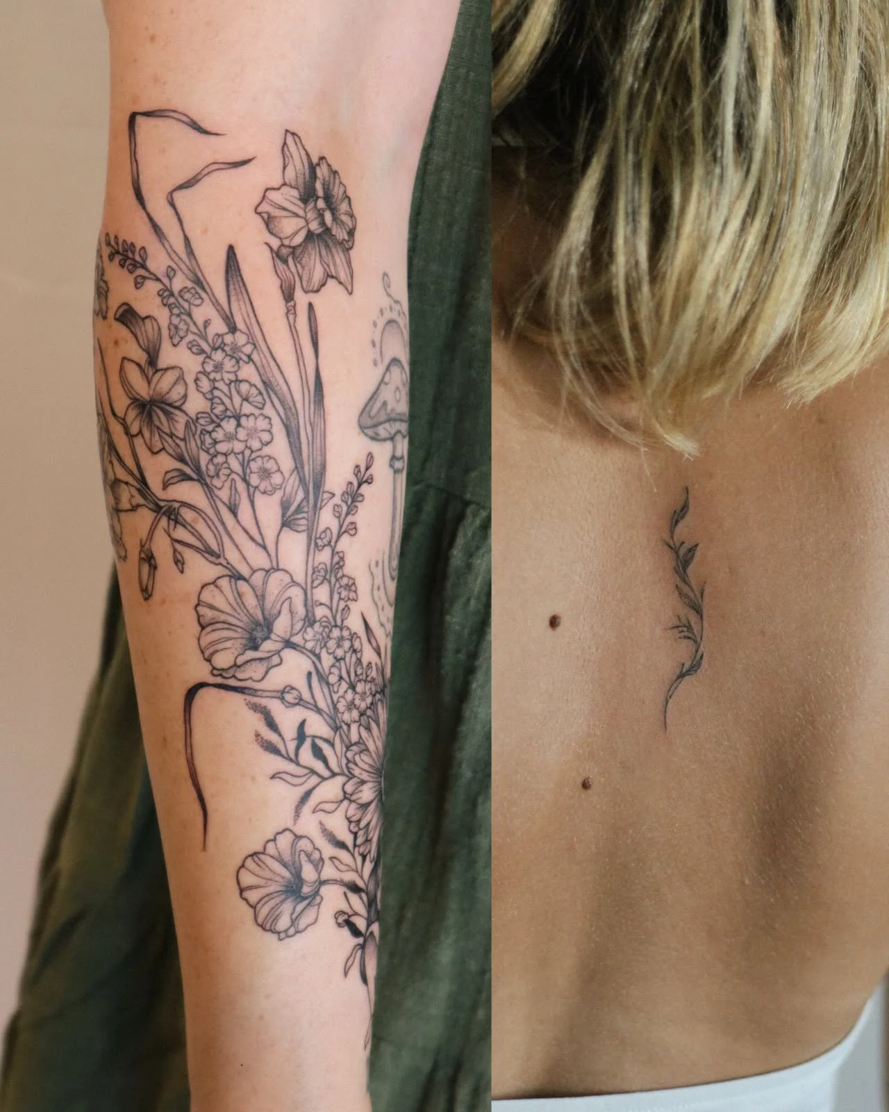 Side view of two tattoos on women's bodies. The left shows a detailed black ink floral sleeve tattoo on the arm with various flowers and a mushroom. The right shows a small, delicate floral tattoo on the upper chest near the collarbone.