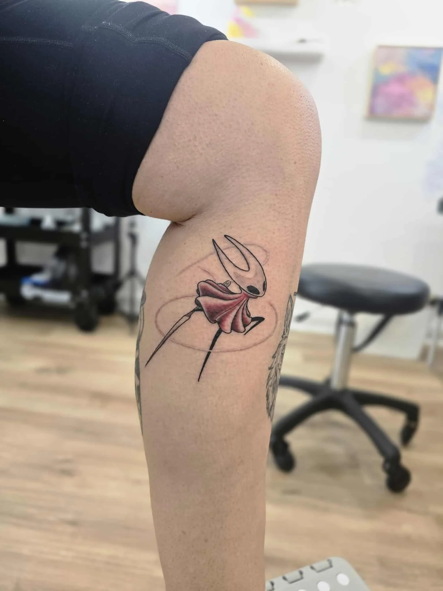 Silksong tattoo Melbourne fine line illustrative tattoo. Beautiful dress tattoo. 