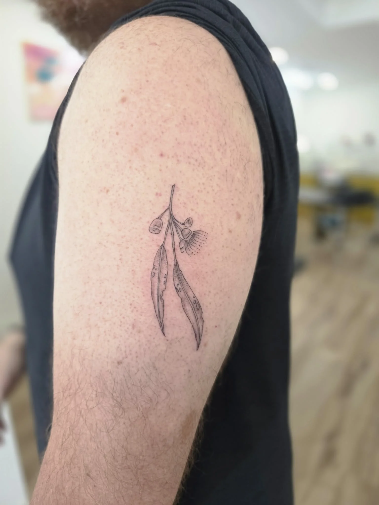 A person with a black sleeveless shirt displaying a black outline tattoo of a plant or seed pod on their upper arm. Beautiful fine line tattoo eucalyptus leaves Renee baker tattoo