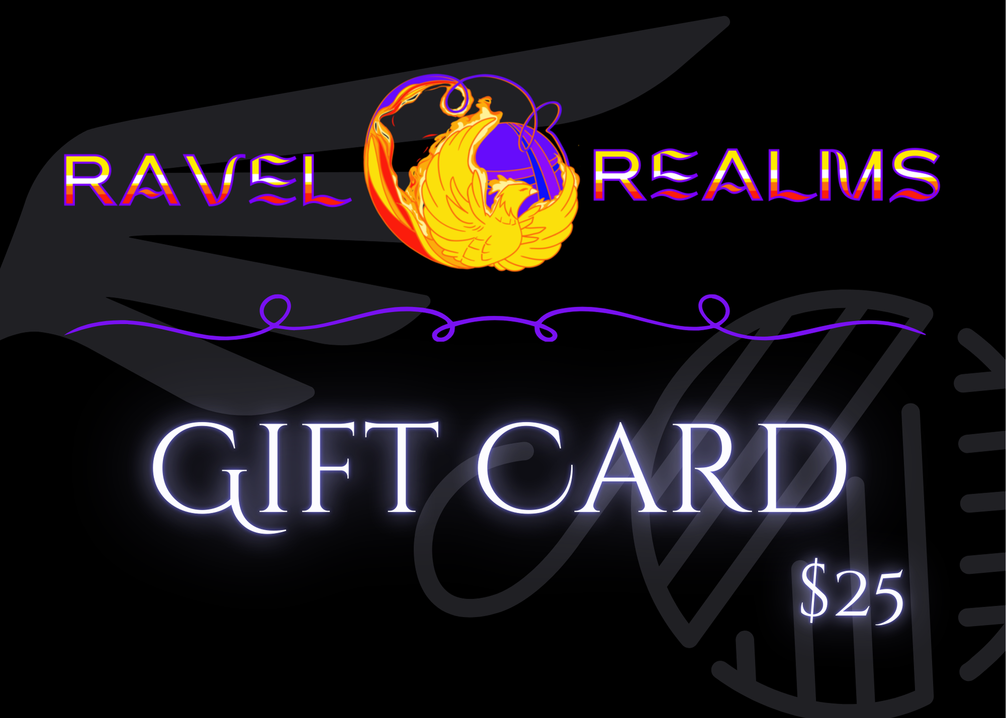 Neon-style gift card for Ravel Realms, featuring a phoenix and globe logo, with a $25 value.