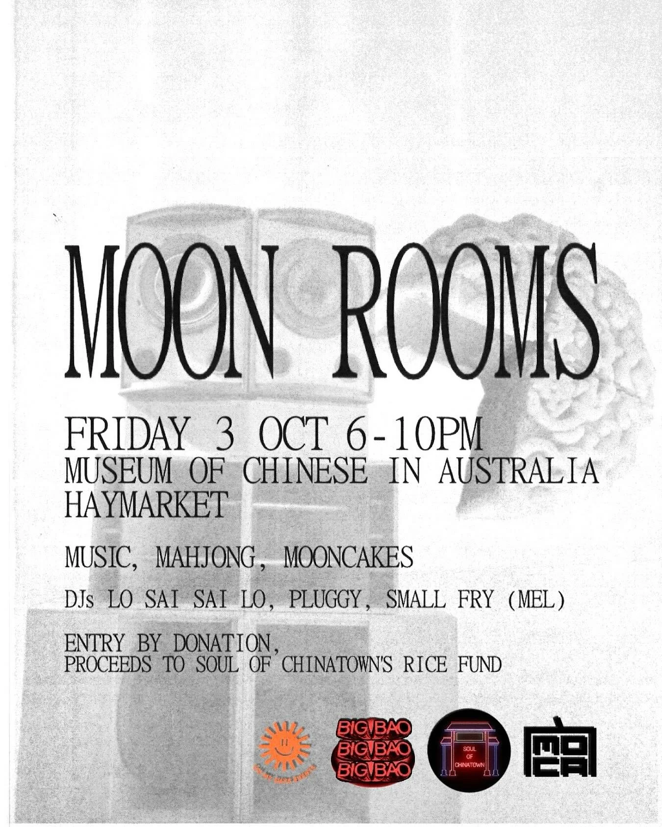 Big Bao, Oh My Days and Soul of Chinatown present
𝗠𝗢𝗢𝗡 𝗥𝗢𝗢𝗠𝗦
Friday Oct 3, 6-10pm&nbsp;
Museum of Chinese in Australia 
744 George St, Haymarket
@visit.moca 

🌕 Join us in celebrating Moon Festival with music, mahjong and mooncakes, of cour