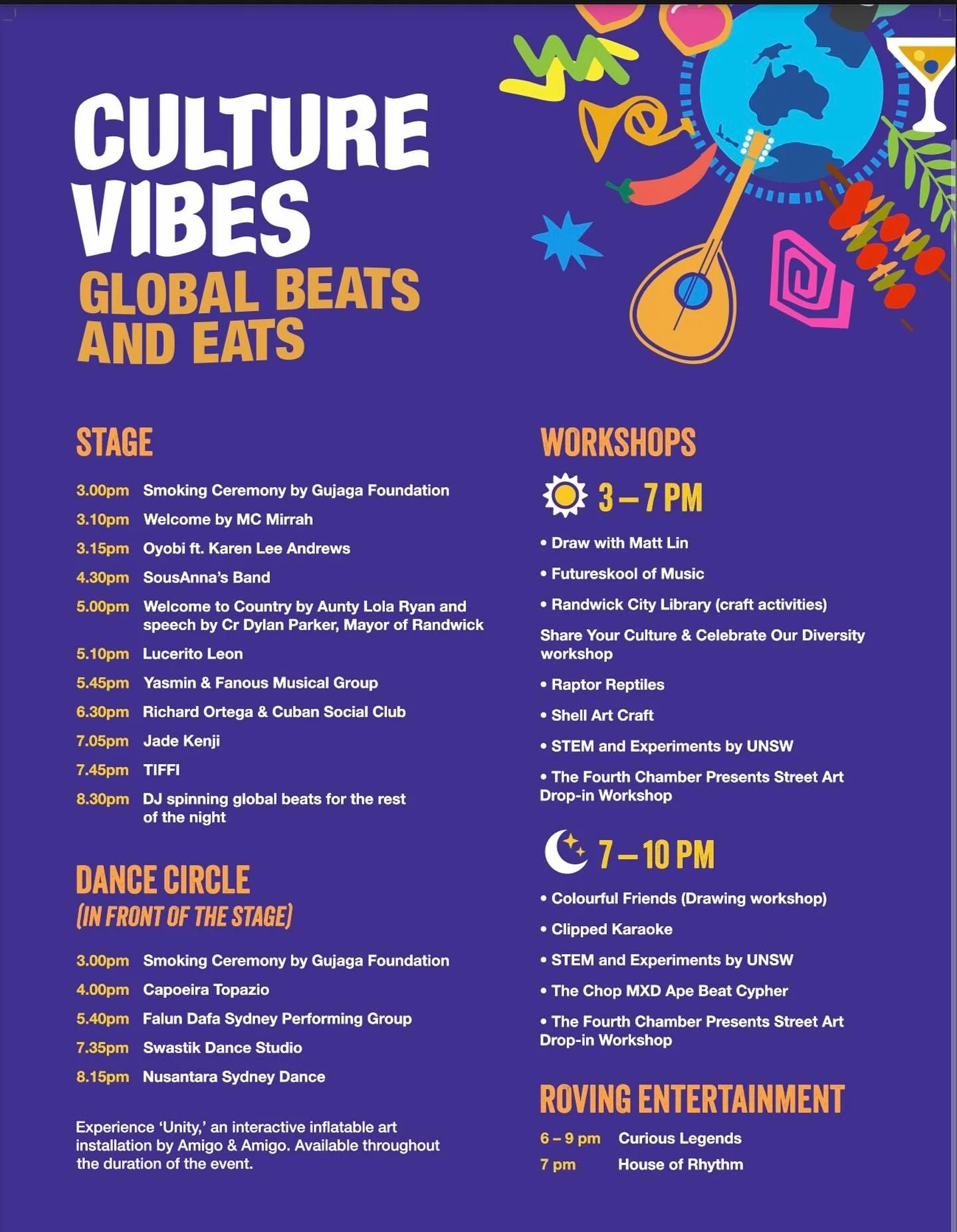 Full line up for Culture Vibes 2025 is here! 🐸

This was a huge collaboration with @randwickcouncil and @ohmydaysevents__ 🪩

Thanks to all the bands, artists, workshops and food vendors for trusting us! It will be a great day 😀

Saturday 18 Octobe