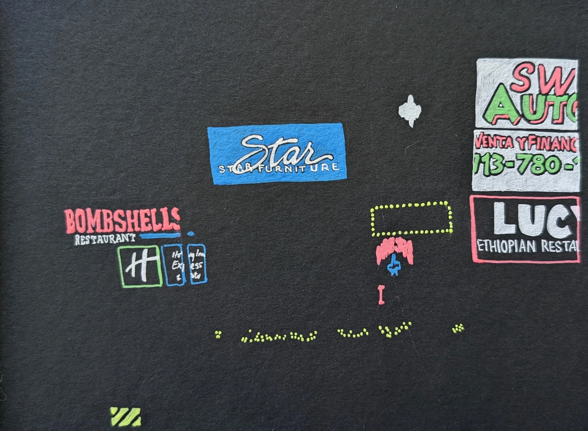  Signs Near Hillcroft  (2026), Gel pen on paper, 8 x 6 in