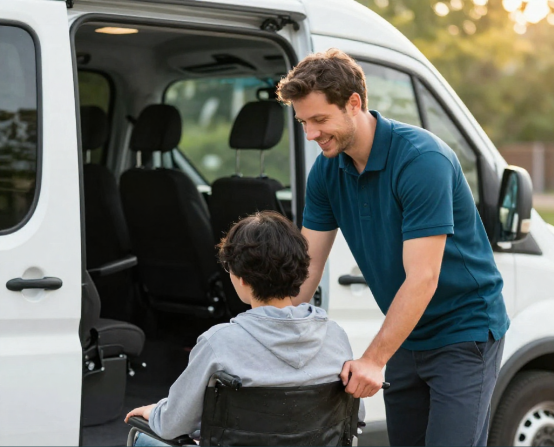 A man helping a person in a wheelchair get into a white van in a park or outdoor setting during daytime.
