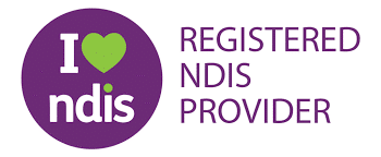 Purple circle with white and green text that says "I heart NDIS" and purple text that reads "Registered NDIS Provider"