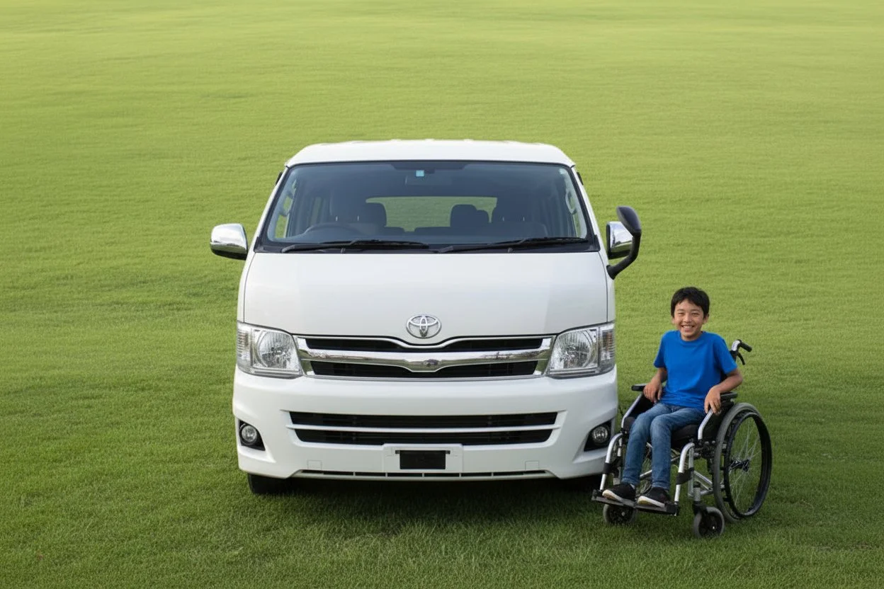 A young boy in a blue shirt sitting in a wheelchair, smiling, next to a white van on a grassy field.
