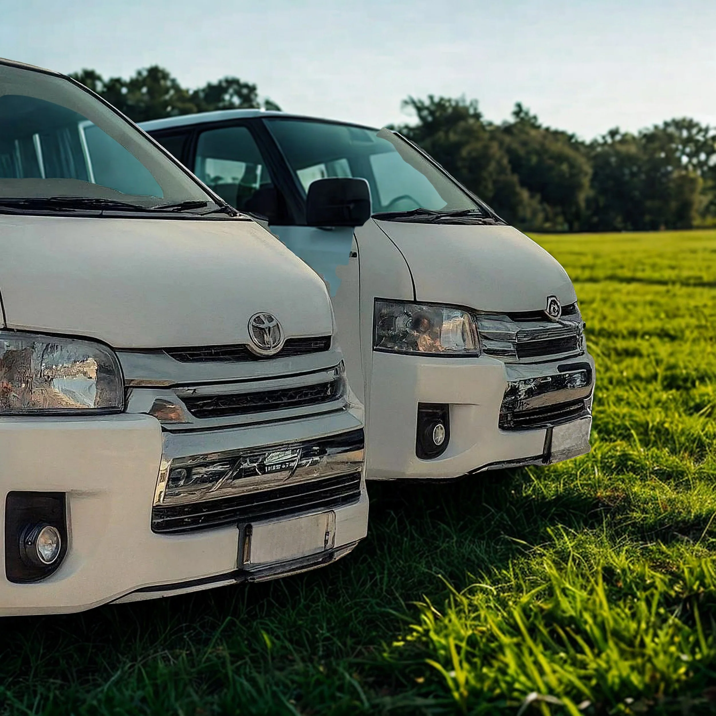 Two white Toyota vans parked on a grassy field with trees and a cloudy sky in the background.