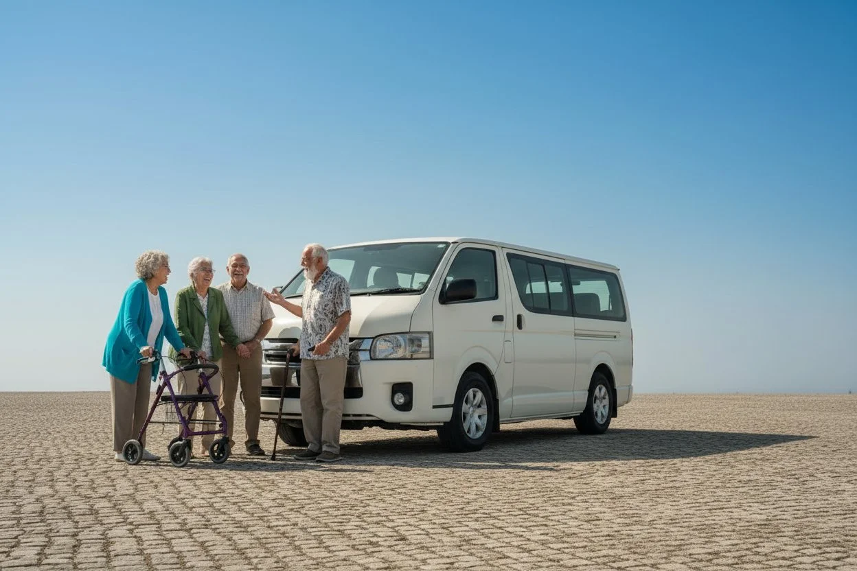 Four elderly people standing near a white van on a sandy area under a clear blue sky, with one person using a walker and another holding a cane, engaging in a conversation.