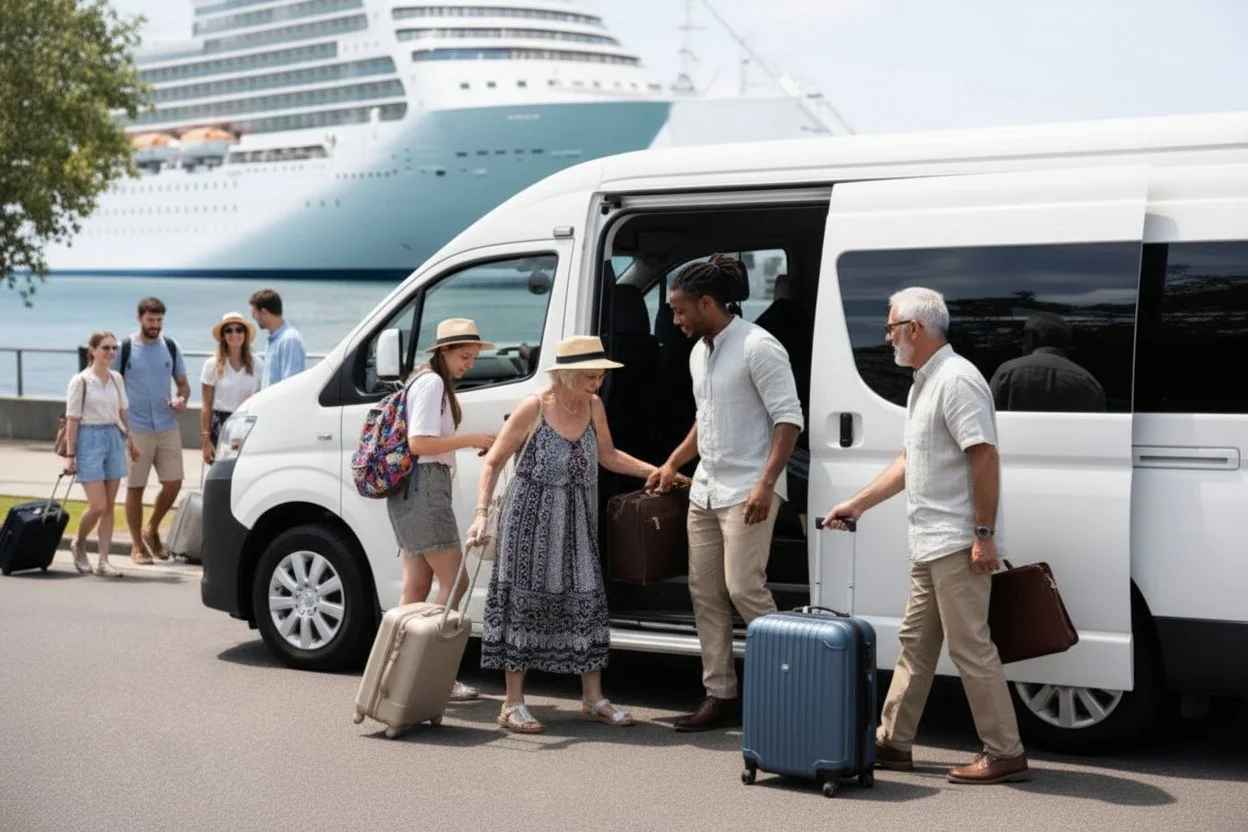 Group of tourists unloading luggage from a white van near a cruise ship at the dock.
