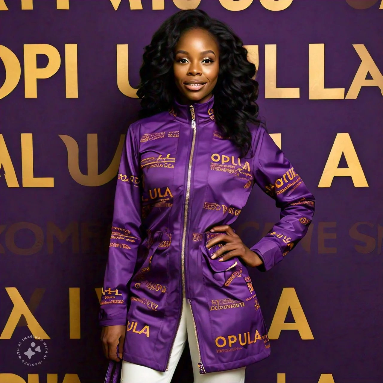 A woman with long black curly hair wearing a purple jacket with yellow lettering, standing in front of a purple background with large yellow letters.