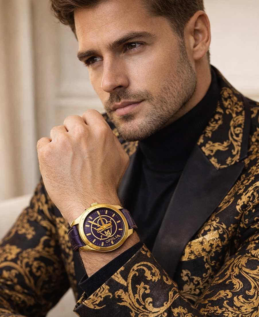 A man with light skin and brown hair wearing a black and gold patterned blazer and a large gold and purple wristwatch, with his hand resting near his chin.
