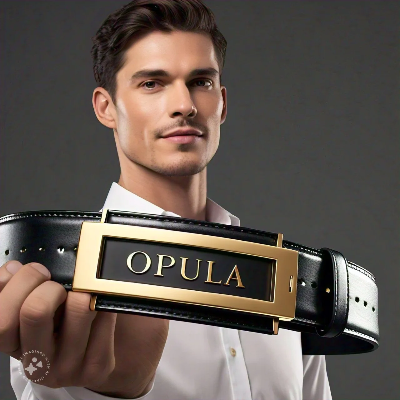 A young man with dark hair and wearing a white shirt holding a black and gold belt with the word 'OPULA' on the buckle.