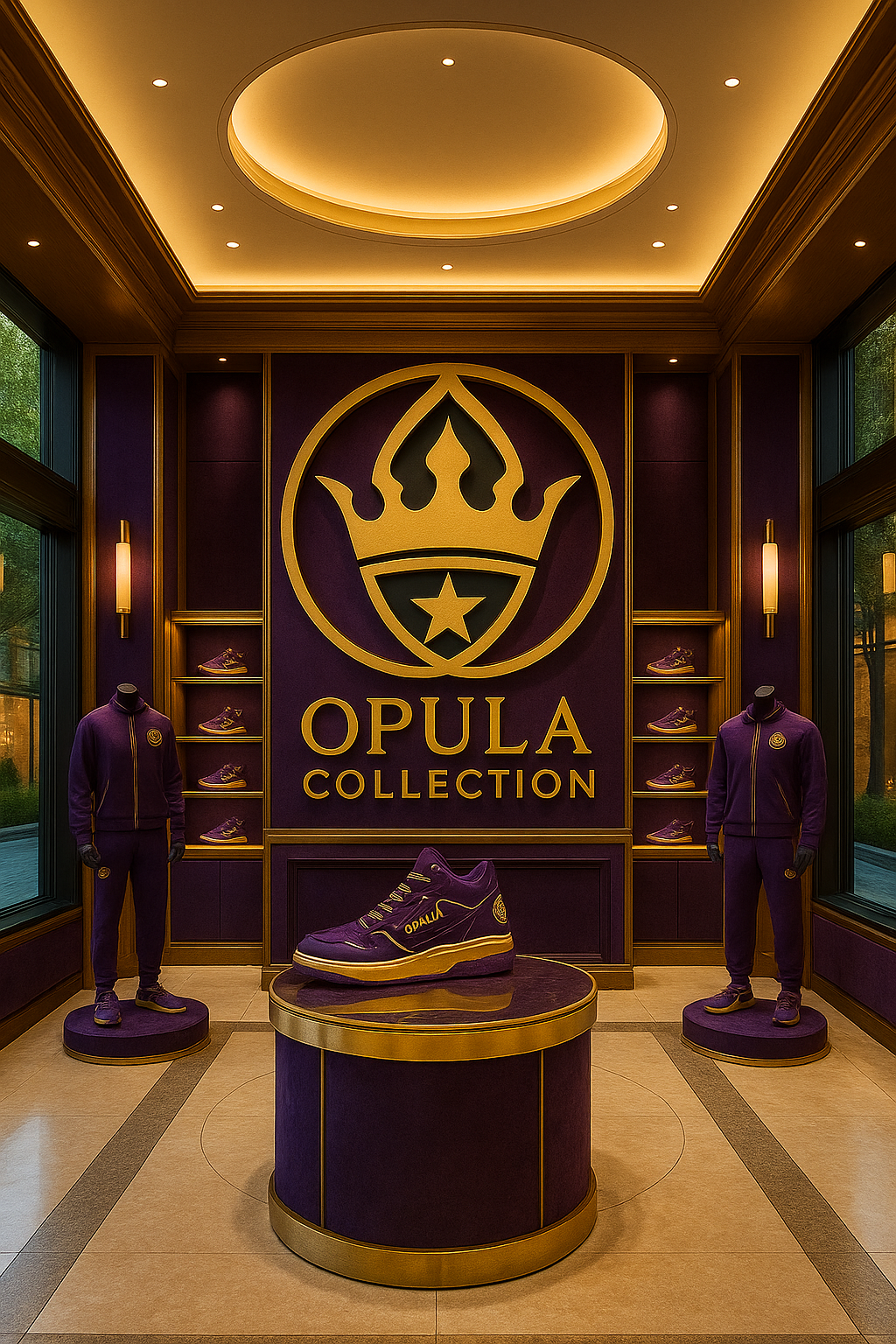 A retail display for Opula Collection showing purple athletic wear on mannequins, purple sneakers on a central round table, and a purple walls with golden accents featuring the Opula Collection logo.