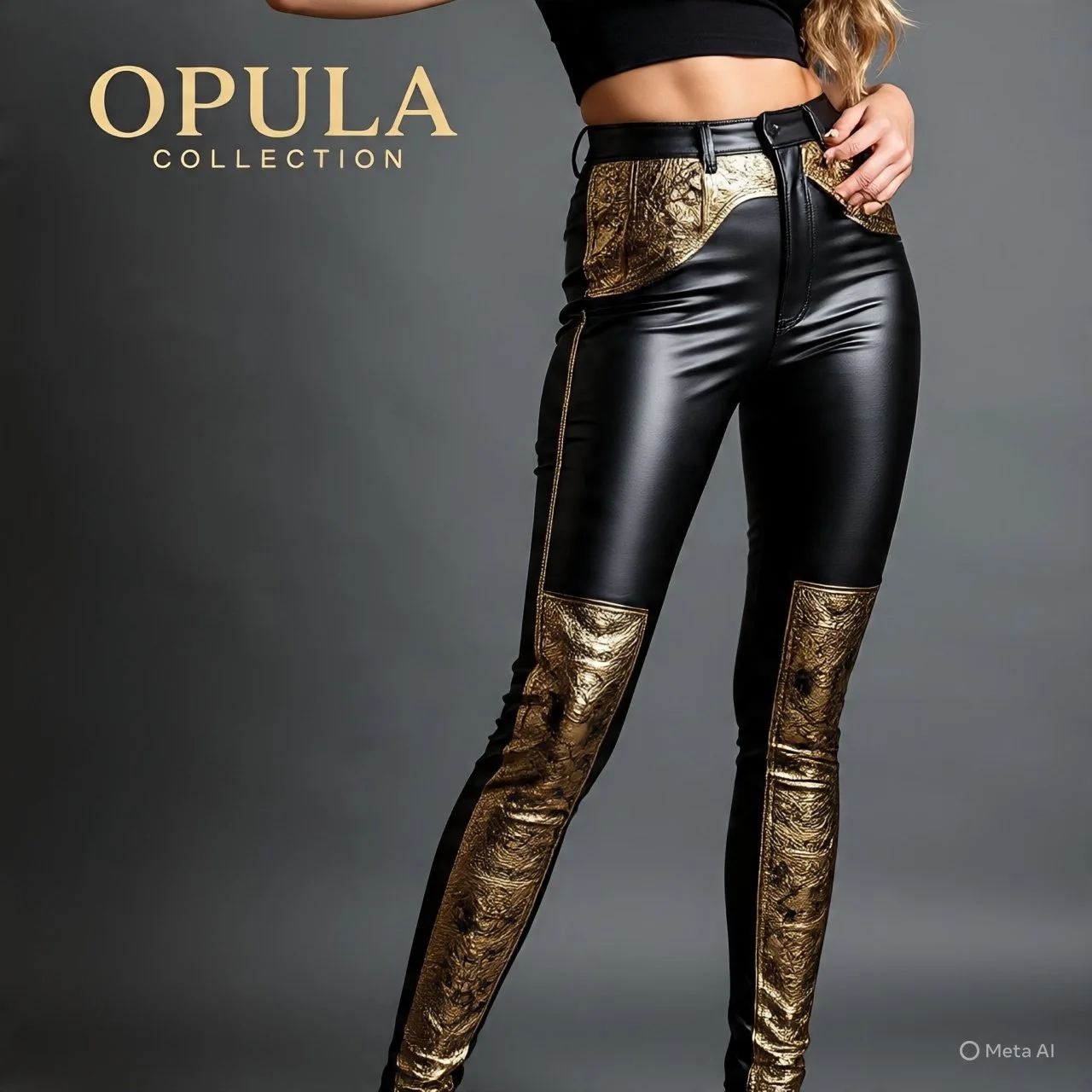 A woman modeling black leather pants with gold accents and designs against a gray background, with the text 'OPULA Collection' in the upper left corner.
