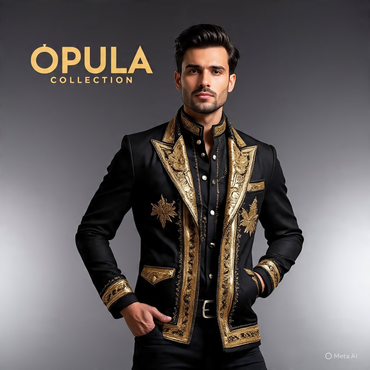 A man in a black and gold embroidered jacket, standing with hands in pockets, against a gray background, with text reading 'Ópula Collection' in the upper left corner.