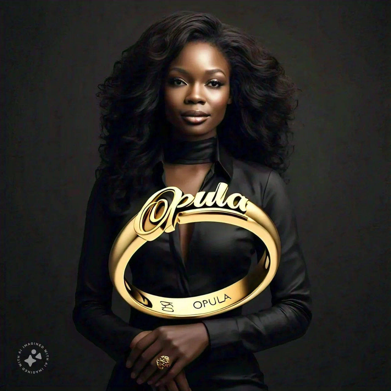 A woman with long curly black hair wearing a black outfit holds a large gold logo ring with the word 'Opula' on it against a dark background.