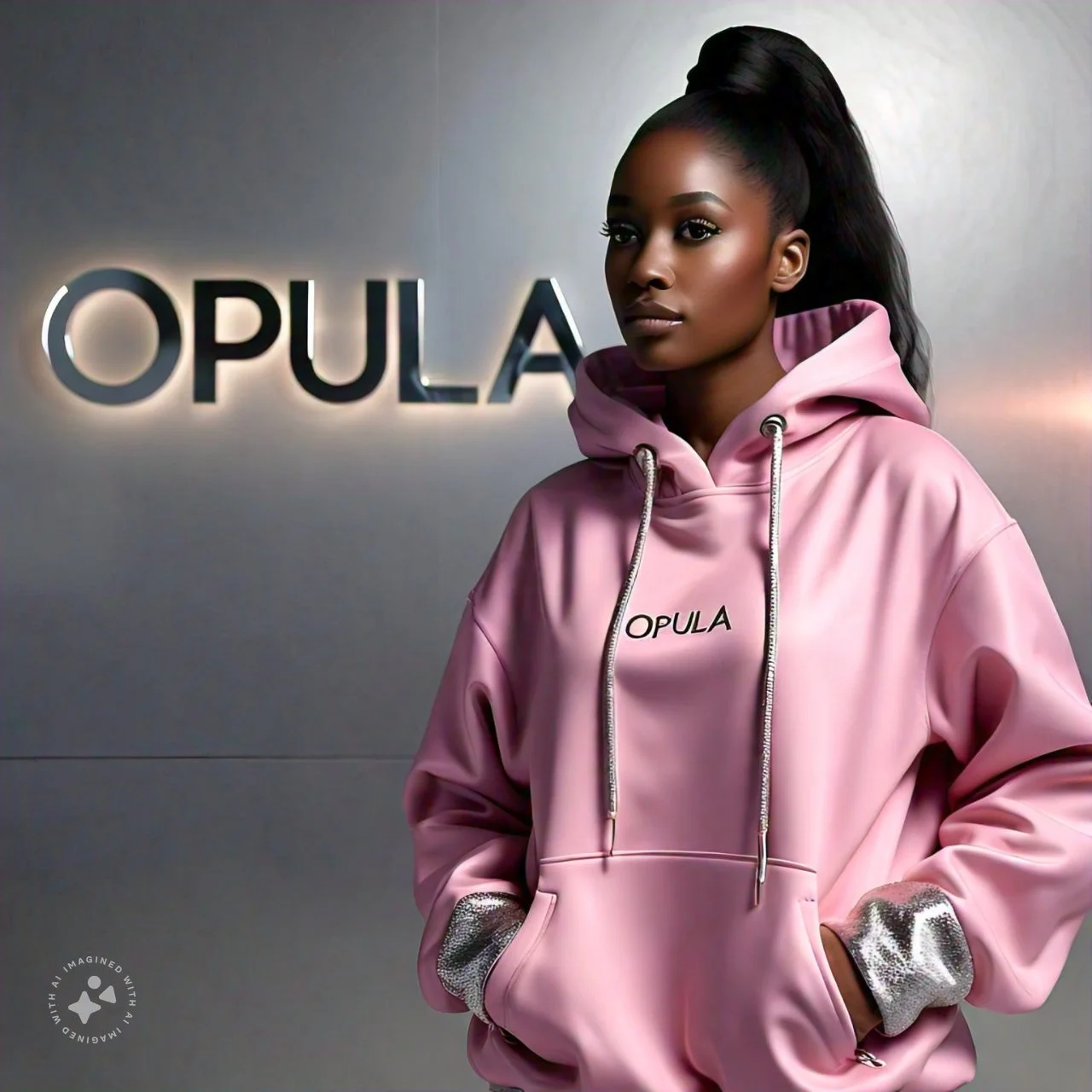 A woman with dark skin and long black hair in a high ponytail, wearing a pink hoodie with 'OPULA' written on it, standing in front of a gray wall with illuminated 'OPULA' sign.