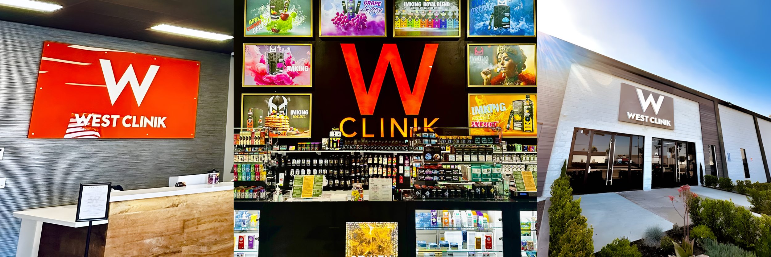 Exterior and interior views of West Clinic. The left side shows a reception desk with a West Clinic sign on a textured wall. The center displays the inside of the clinic with bright, colorful advertisements for vaping products, a counter with various products, and a large illuminated West Clinic logo on a black background. The right side shows the clinic's modern exterior with large windows, a white facade, and landscaped plants outside.
