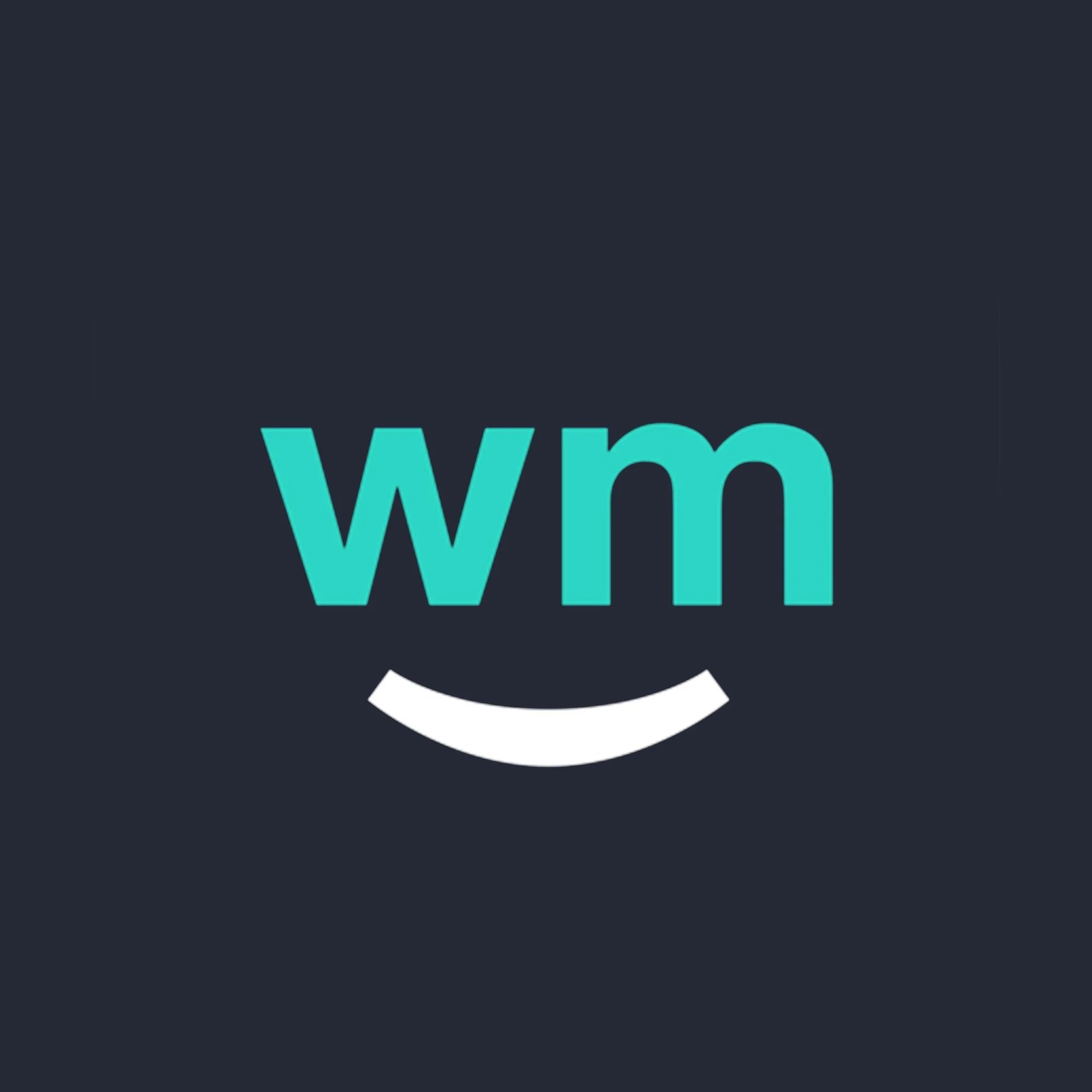 Amazon logo with blue 'wm' letters and a curved white smile underneath on a dark background.