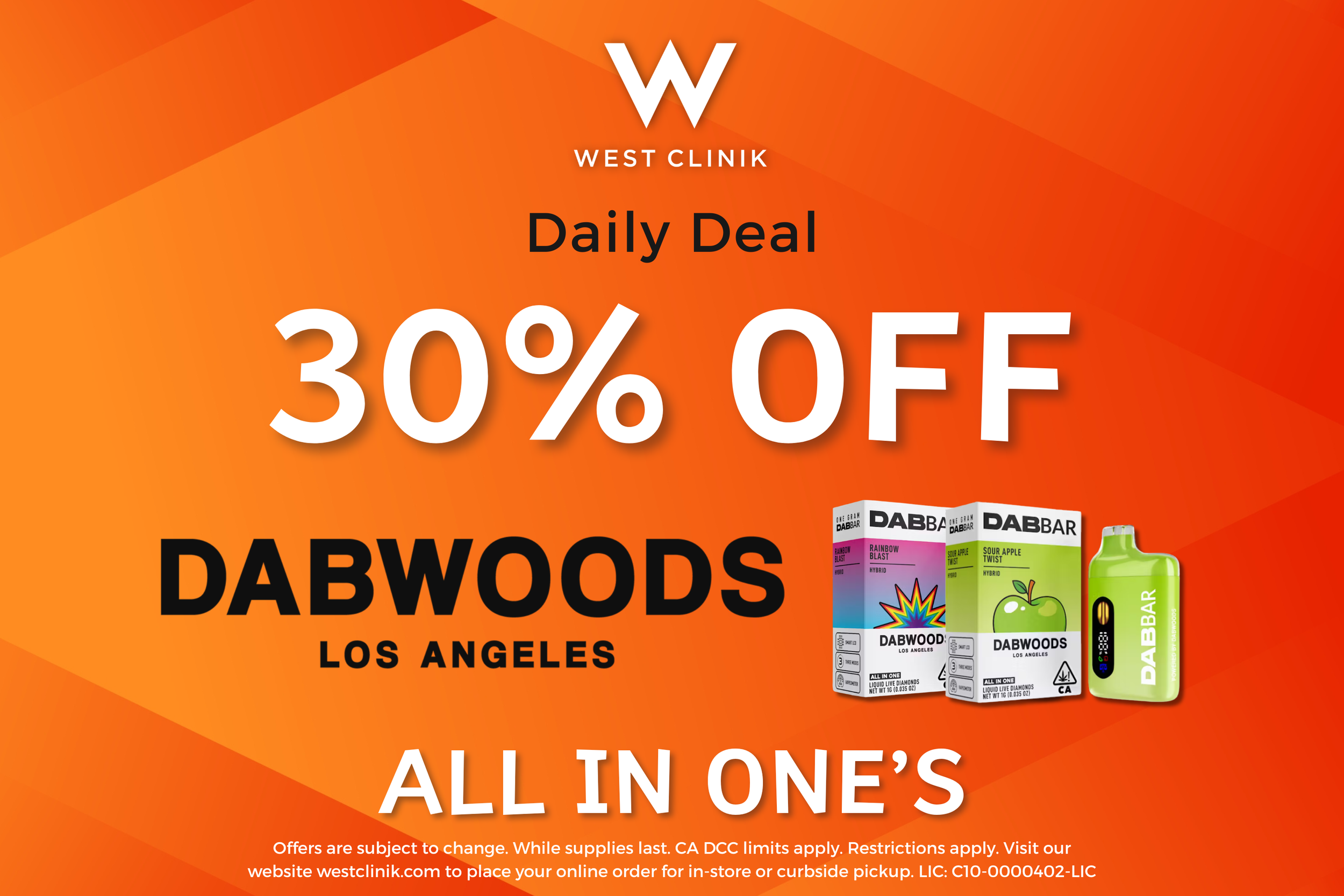 Advertisement for West Clinic offering 30% off DABWOODS products on Wednesday and Saturday, with images of DABWOODS vape products in colorful packaging on an orange background.