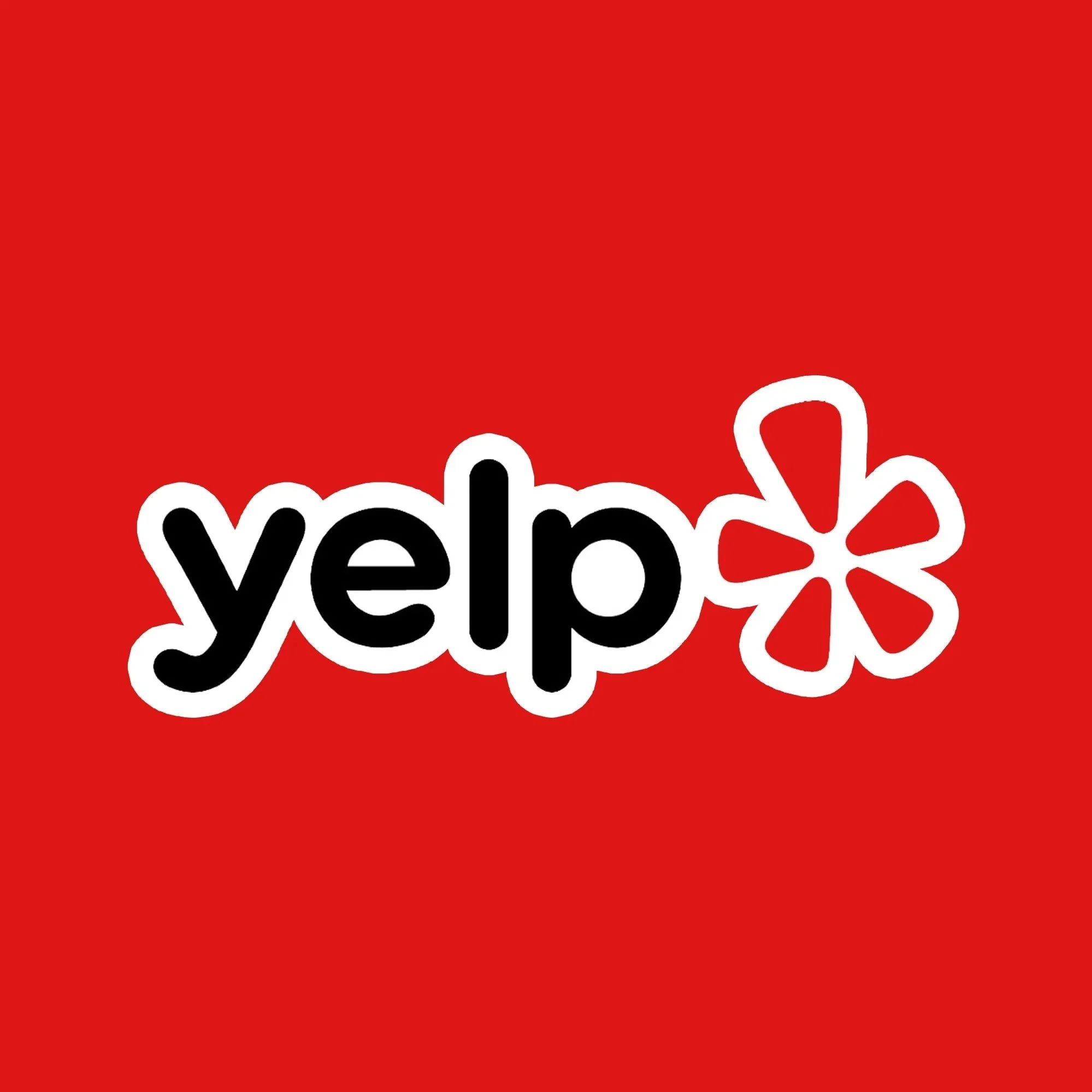 The Yelp logo with black lowercase letters and a red flower-like symbol on a red background.