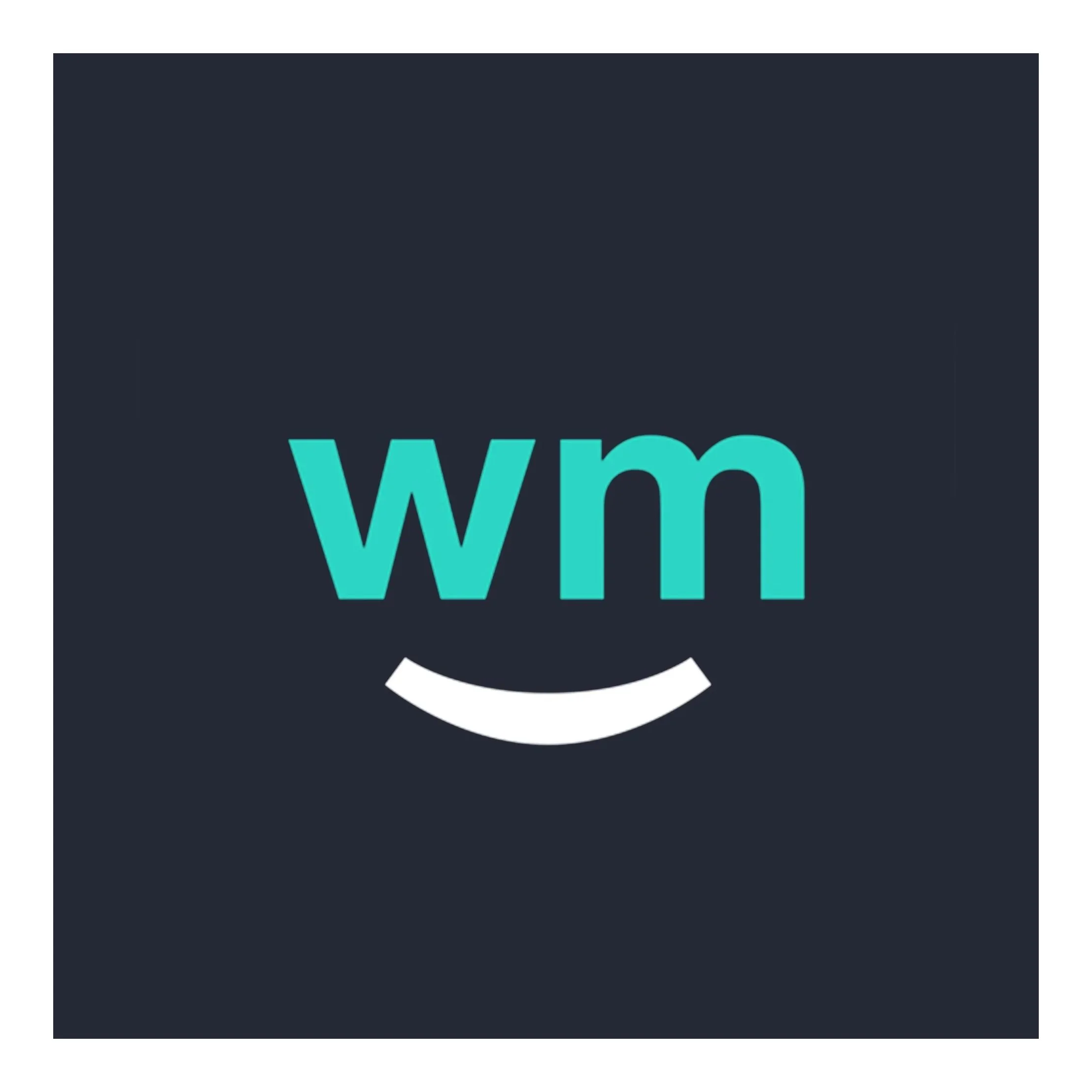 Weedmaps logo with teal 'wm' letters and a white smile beneath on a dark background.