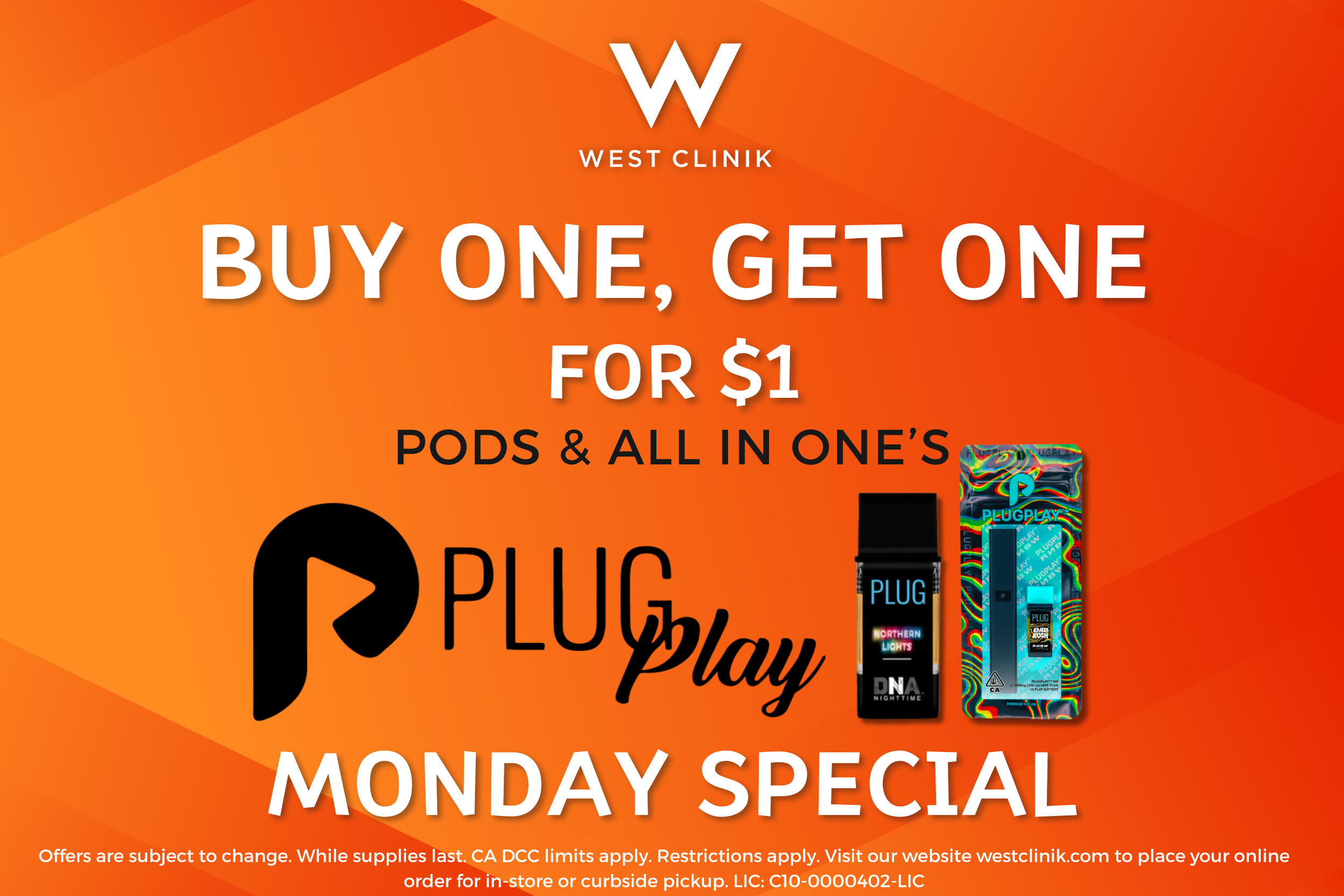 Orange background with white and black text advertising a buy one, get one for $1 promotion on pods and all-in-one devices at West Clinic, featuring the Plugplay logo and product images.