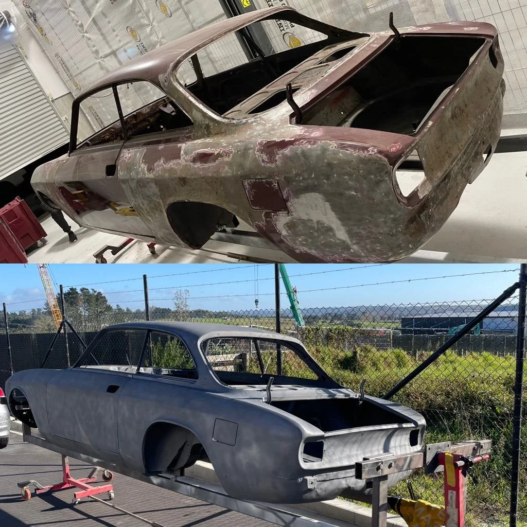 Before and after sandblasting showing rust and paint removal