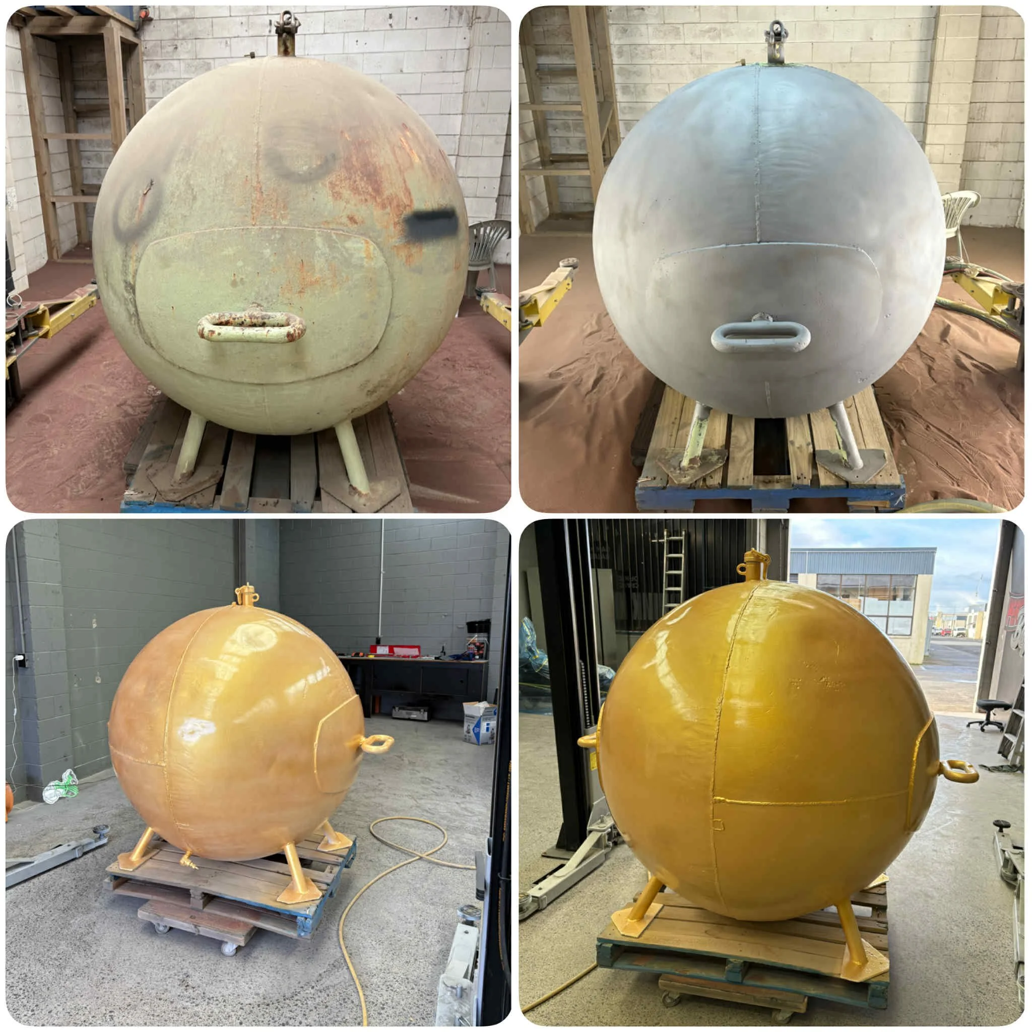 Before and after sandblasting showing rust and paint removal