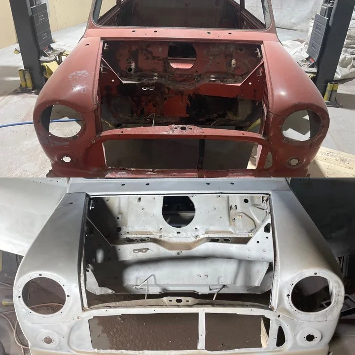 Before and after sandblasting showing rust and paint removal