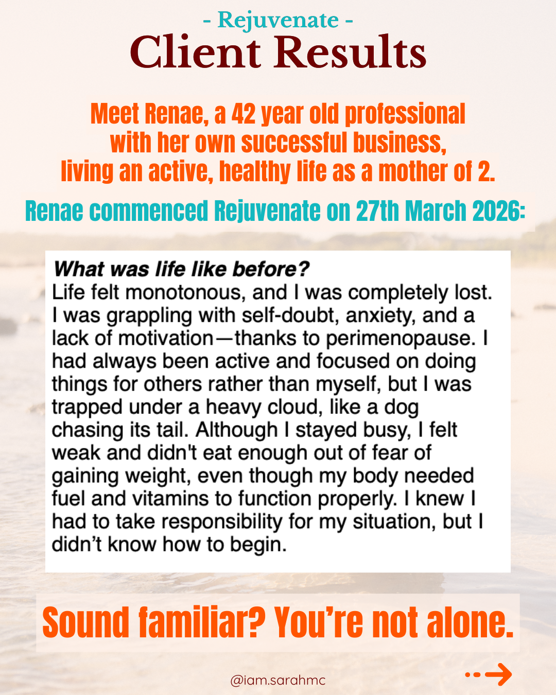 "Client Results" client results related to mental health and menopause. Sarah McLachlan Results. Dunsborough. South West WA. Speaker, Keynote Speaker, Women's Health, Hormone Health, Perimenopause, Sarah McLachlan, Mind, Energy, Mentor, Mind-Body,