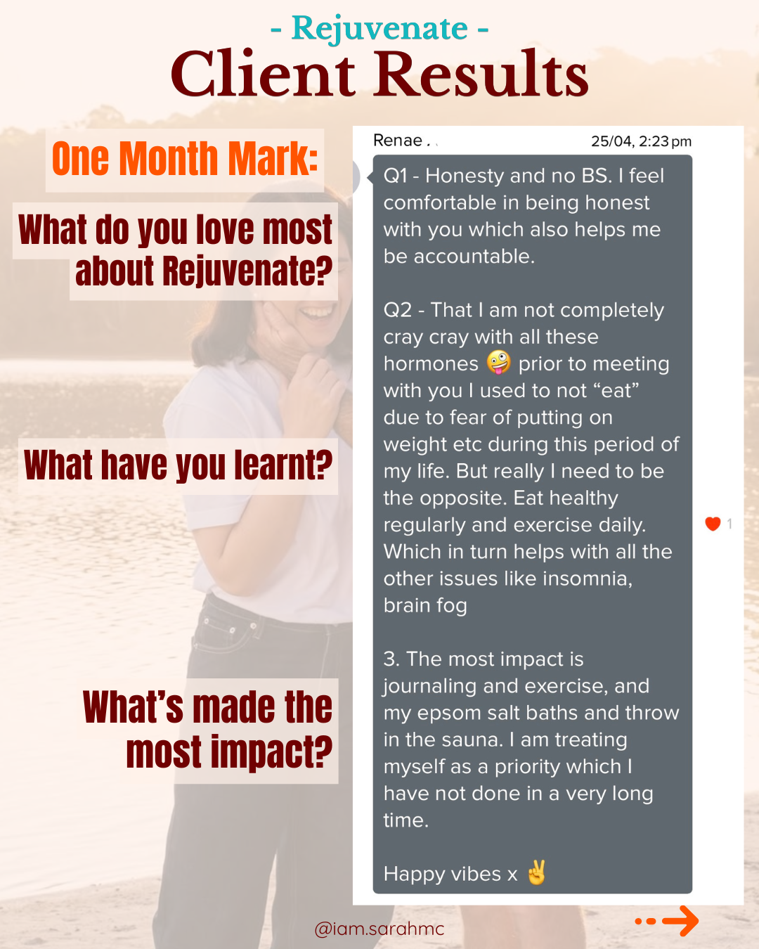 client results after one month of using Rejuvenate, testimonial, client sharing positive health and wellness outcomes, Sarah McLachlan, Results, Dunsborough, Mind, energy, hormone health, perimenopause