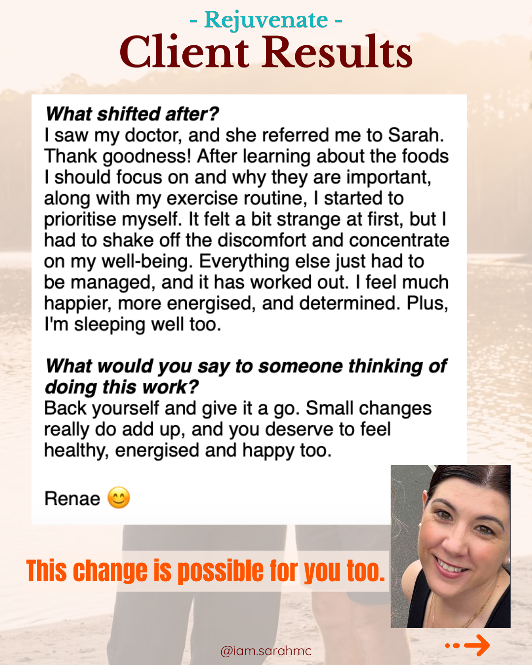 Testimonial about positive health changes, client results related to mental health and menopause. Sarah McLachlan Results. Dunsborough. South West WA. Speaker, Keynote Speaker, Women's Health, Hormone Health, Perimenopause, Sarah McLachlan, Mind,