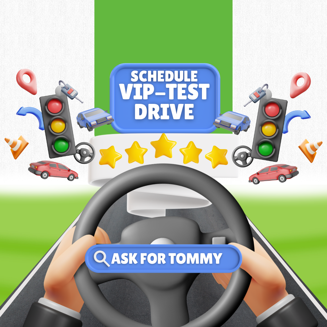Promotional flyer for an event at  11701 Colonel Glenn Rd, Little Rock, AR 72210 encouraging scheduling VIP test drives with a smiling man, a call now button, phone number, and address on a stylized road background.