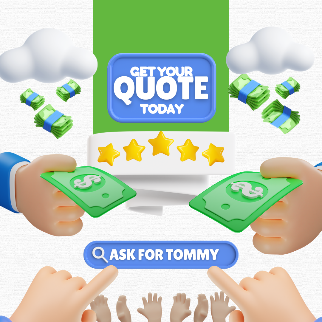Promotional graphic for a car dealership with a man in a suit, contact number, and address.