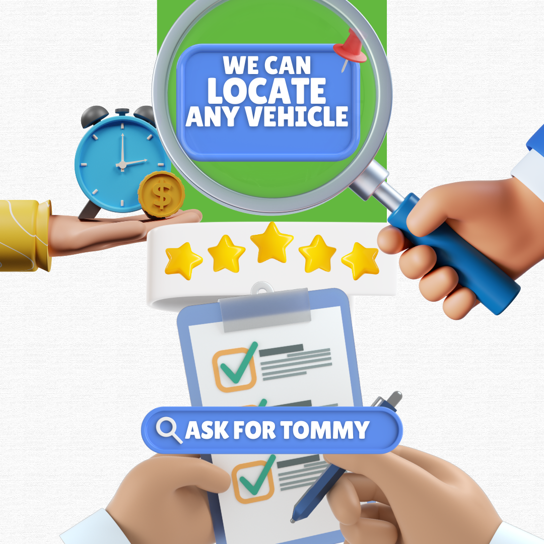 Promotional graphic for an auto event featuring a smiling man in a suit, a car with a location pin, and the text "Ask for Tommy 'Yes Event' We can locate any vehicle saving you time and money," providing a phone number 501-548-9378