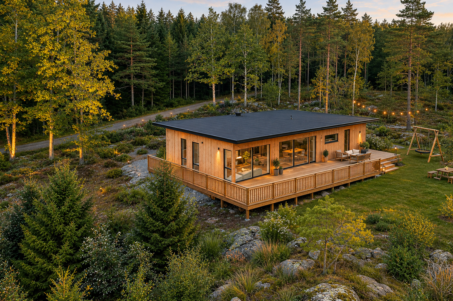 Modulhus i trä i skogsmiljö med grävmaskin i bakgrunden, belägen på en upphöjd plattform.