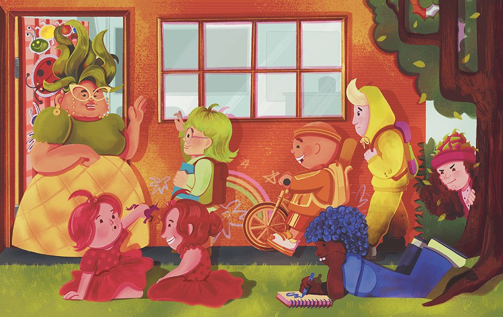 Illustration of Picture Book concept 'Ms. De la Piña's Class' with characters modeled after/inspired by fruits