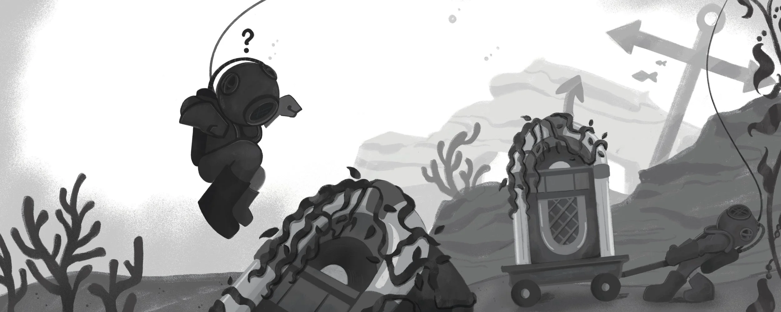 'The Diver and the Jukebox'
A concept spread for a children's book about a deep sea diver finding a jukebox at the bottom of the ocean and their journey to get home