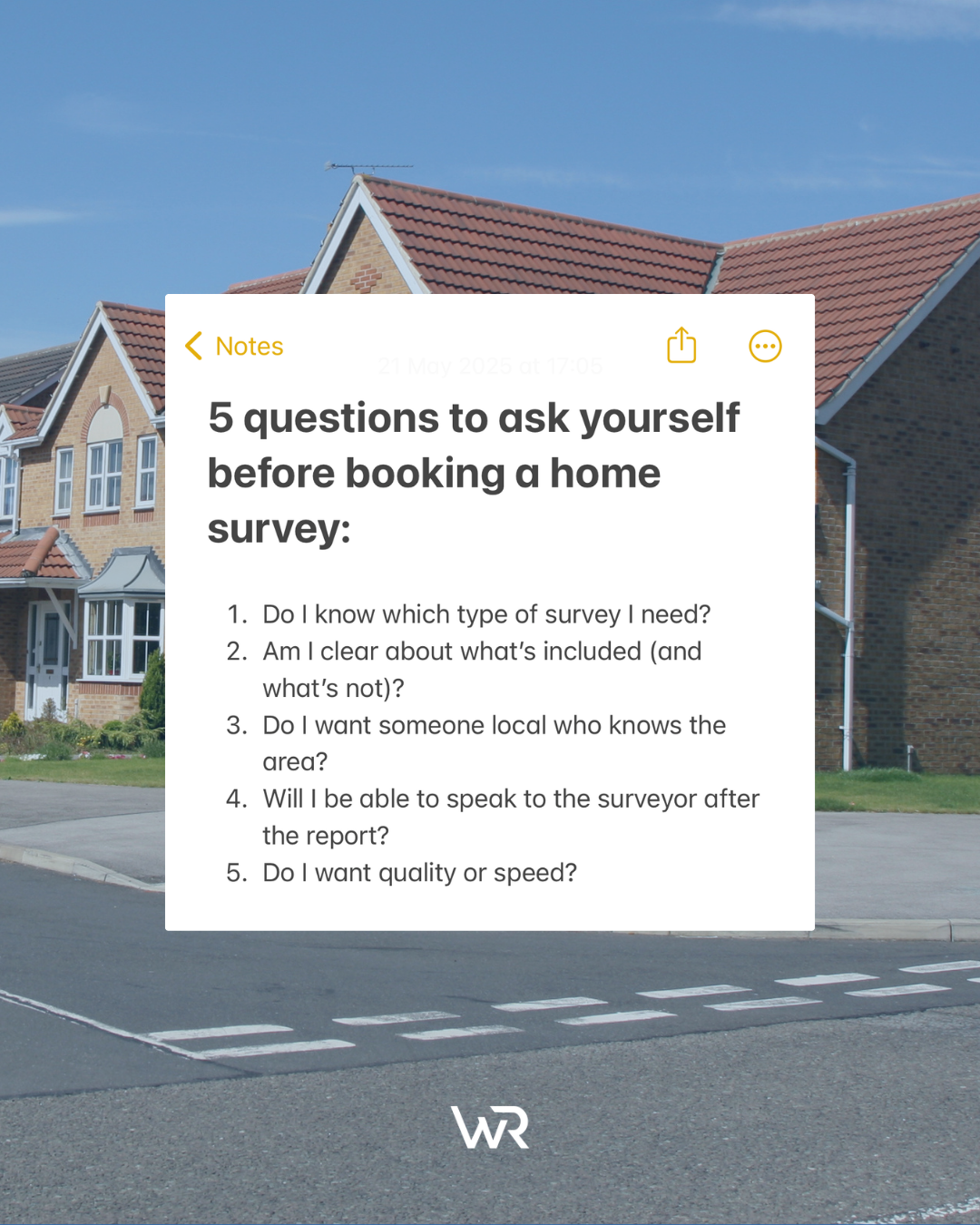 Social media graphic showing a list of questions before booking a survey in Derby.