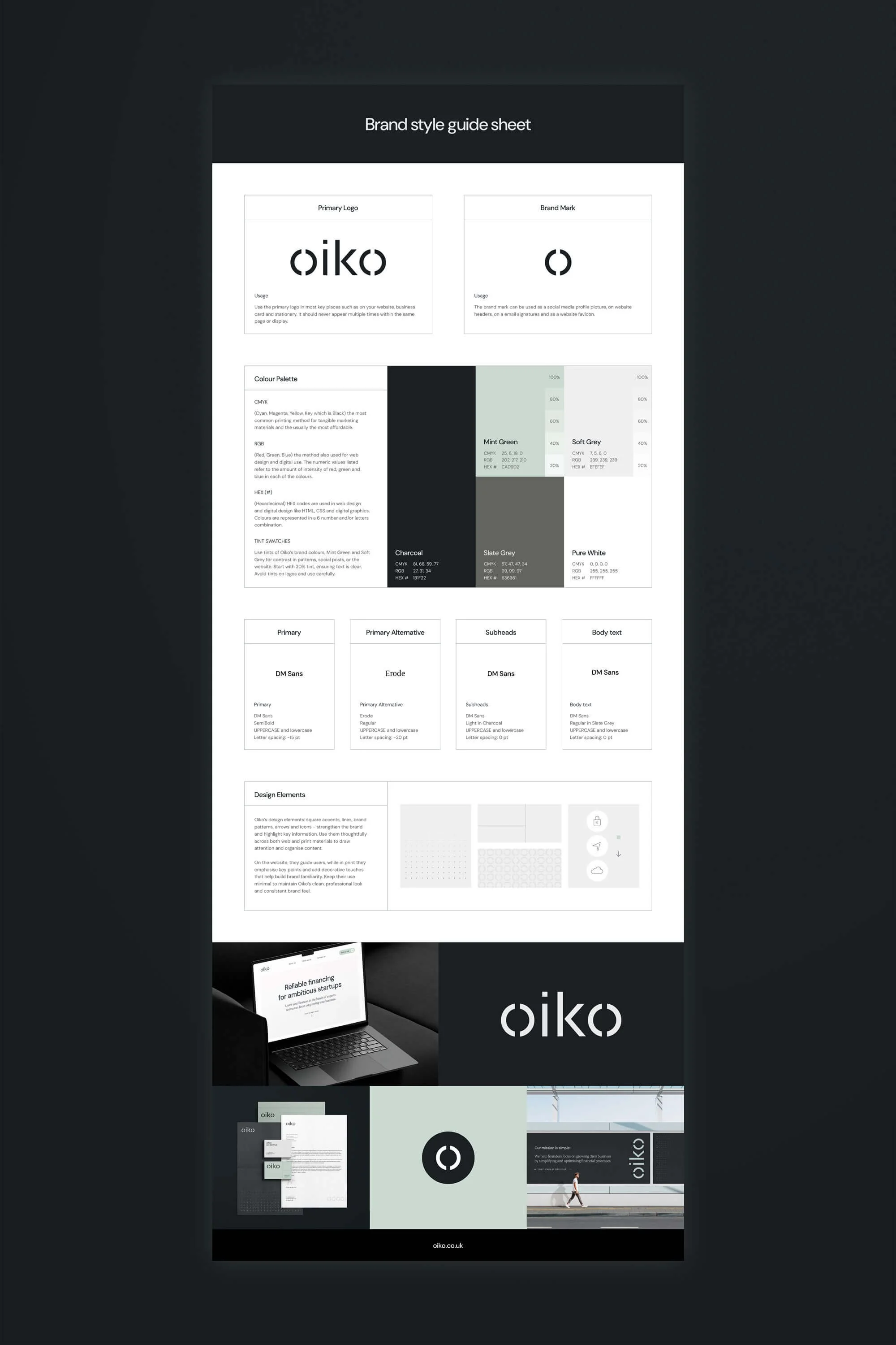 rand guidelines including logo system, minimalist color palette, typography and design elements for Oiko's professional finance brand..