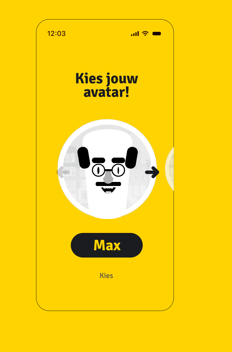Mobile app screen for selecting an avatar featuring a cartoon character with glasses, a mustache, and black ears, on a yellow background with black text reading "Kies jouw avatar" and "Max"