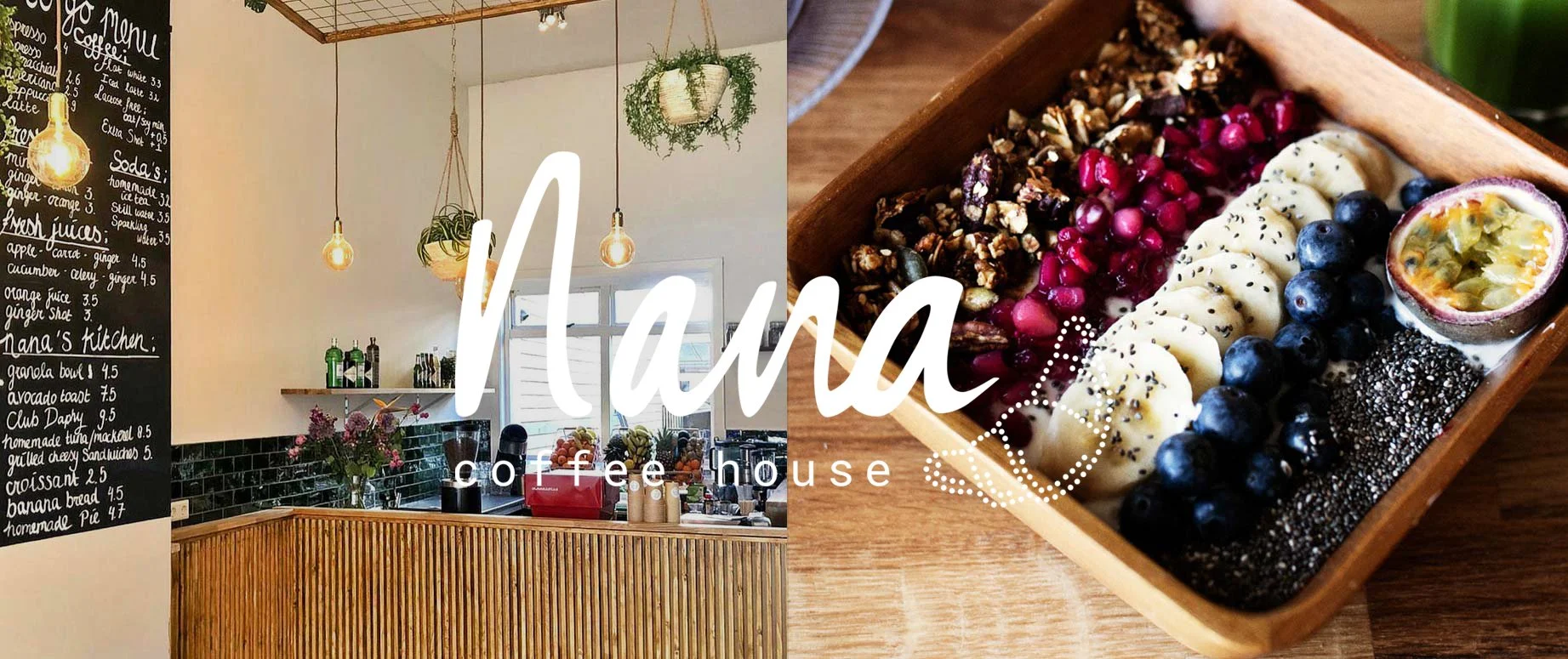 Interior of a cozy coffee shop with hanging light fixtures, a chalkboard menu, and a wooden counter. A wooden tray of colorful smoothie bowls topped with fruit and seeds.