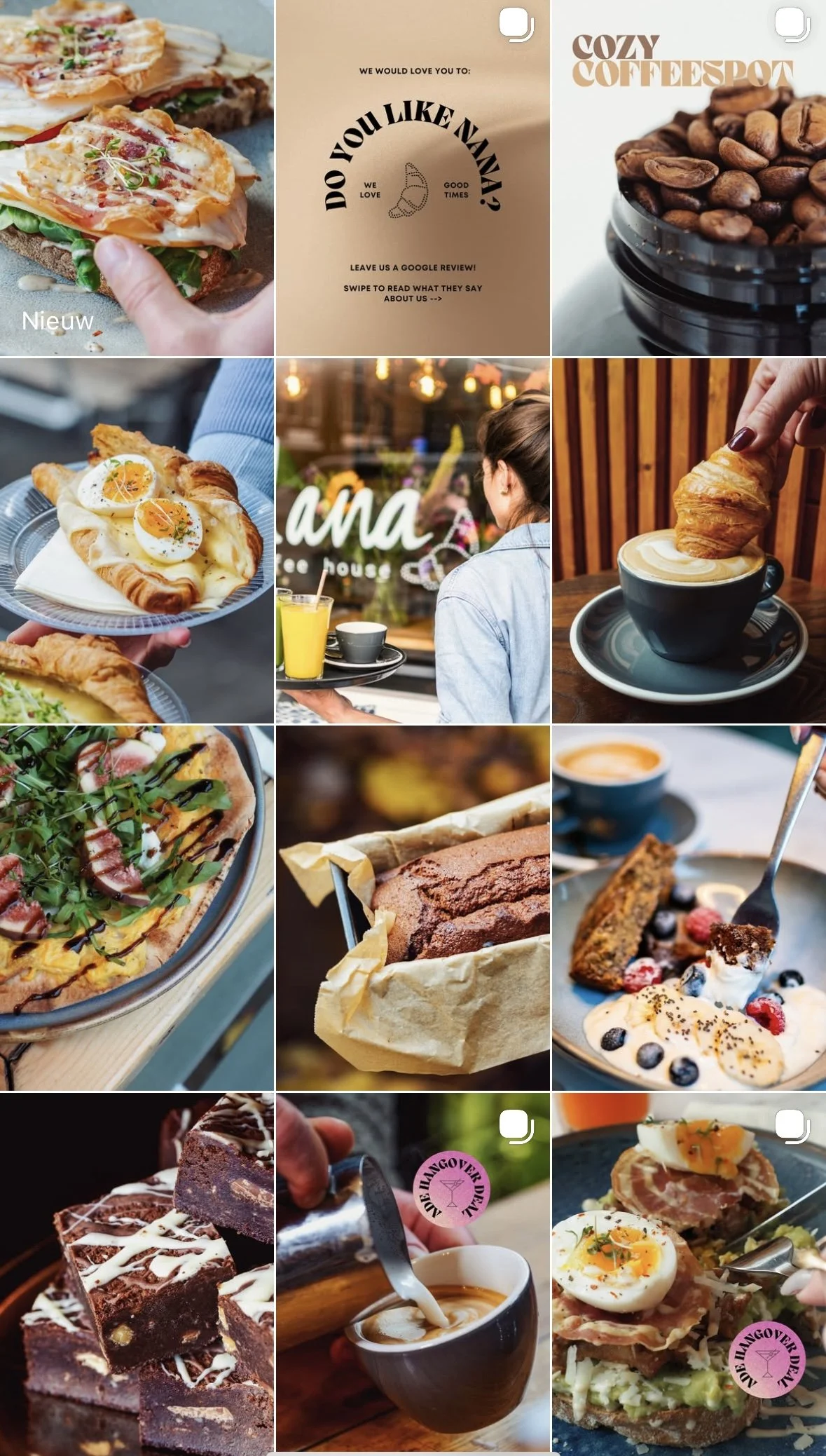 A collage of food and beverages, including sandwiches, a coffee cup with a croissant, a pizza, a loaf cake, a plate with dessert, and a person pouring coffee.